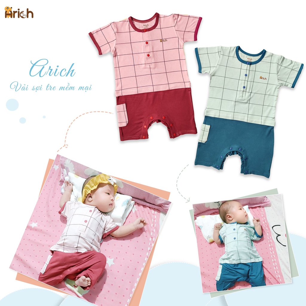 {SALE rẻ vô địch } Body cộc tay  caro Arich vải sợi tre (size từ 0-3 tháng đến 9-12 tháng)