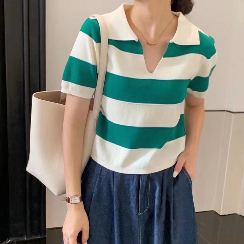 Áo thun polo ZHELIHANGFEI dệt kim tay ngắn kẻ sọc dễ phối đồ sành điệu