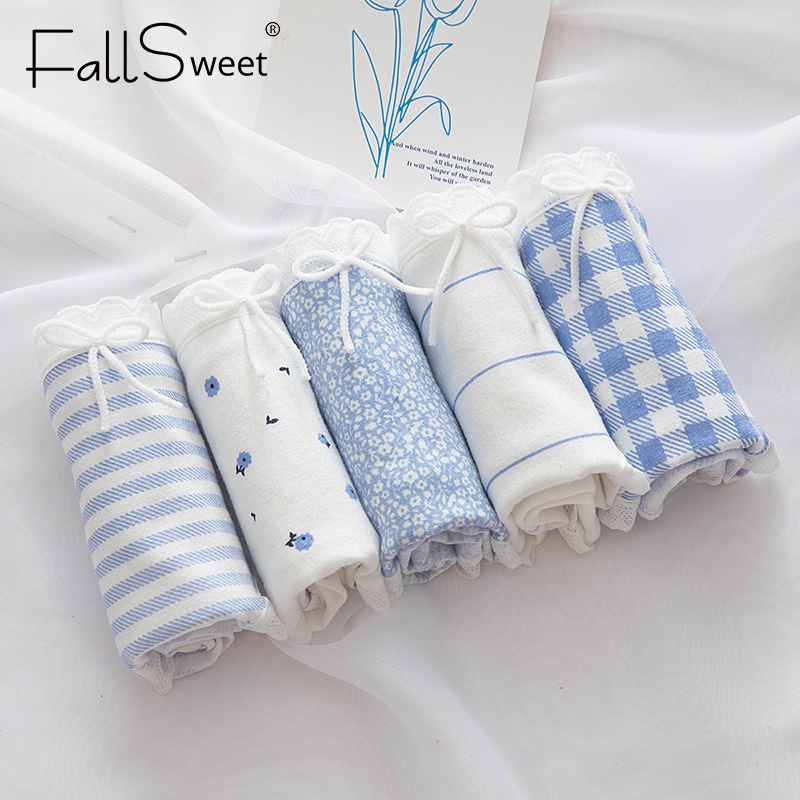 Quần lót FALLSWEET vải cotton phối ren in hình xinh xắn phong cách Nhật dành cho nữ