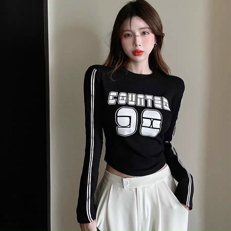 Áo Croptop 98 thể thao cổ tròn tay dài Nữ Chất Thun gân kiểu hàn quốc - Thiên Yết