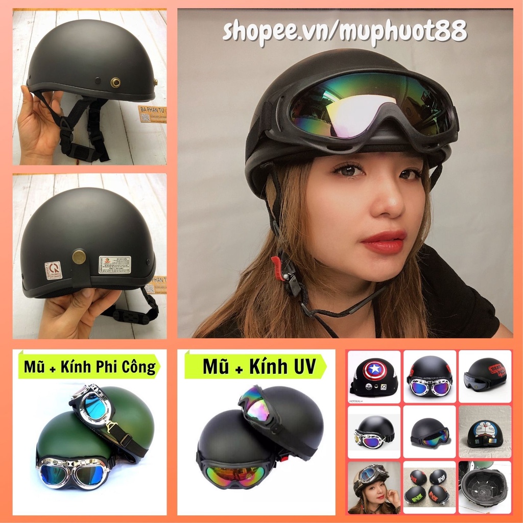 Mũ bảo hiểm nửa đầu 1/2 có kính tem Đen nhám, Nón bảo hiểm nửa đầu FREE SIZE, CHUẨN CHẤT LƯỢNG CAO