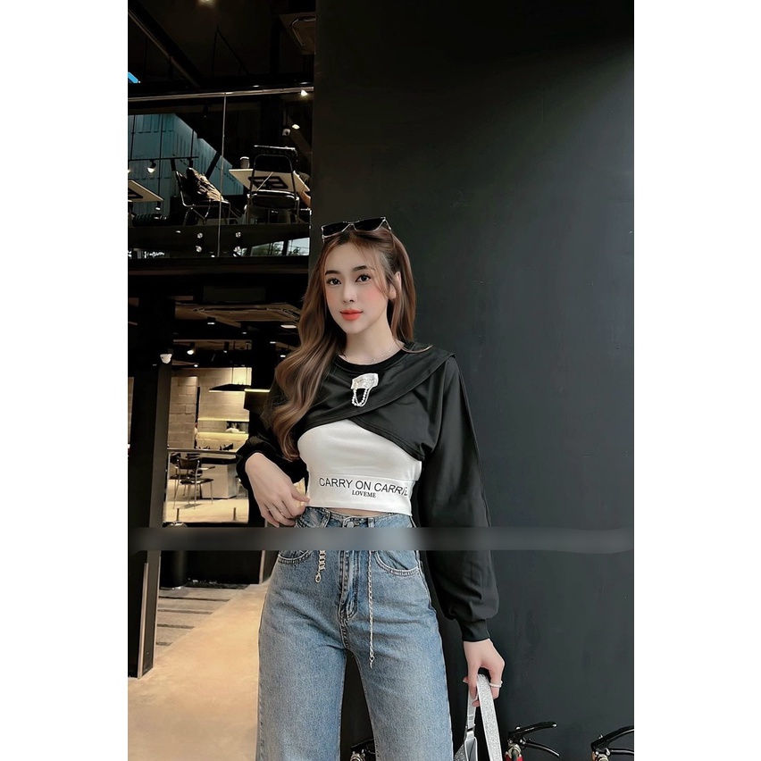 Set áo cặp - Set áo thun tay dài phối xích kèm áo lót trong phối màu Carry On Carie cá tính TU