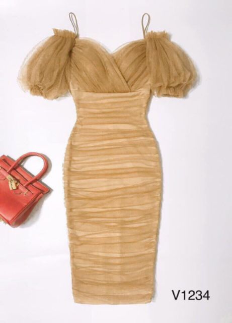 Đầm body lưới nude rớt vai