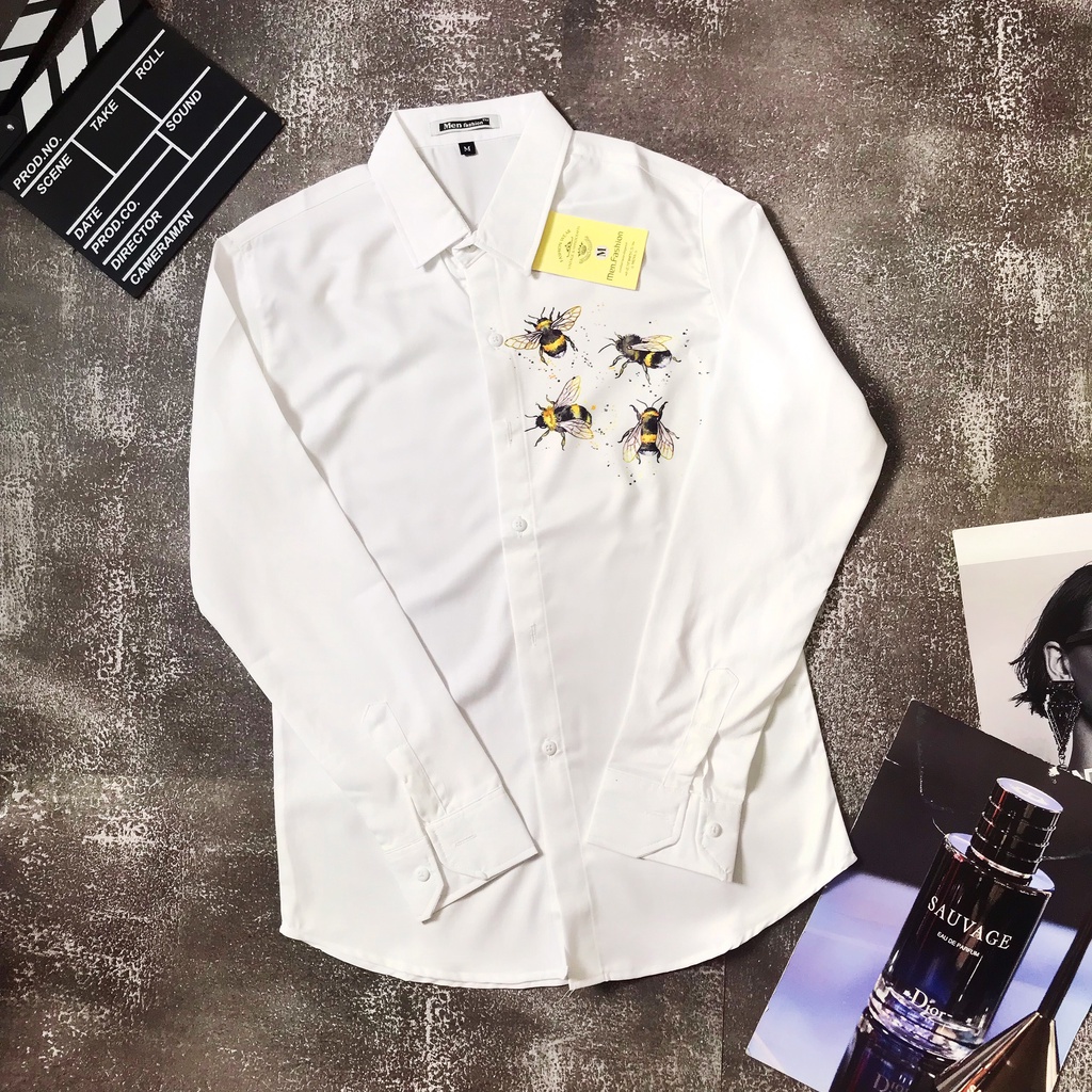 Áo sơ mi Nam Nữ 🌵ĐỦ SIZE M - XL🌵 Áo sơ mi in thêu họa tiết Ong, chuẩn form, trẻ trung, lịch lãm