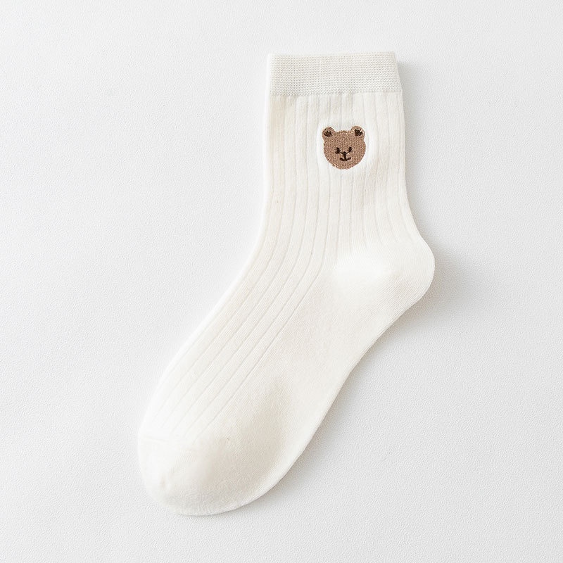 Vớ cotton Màu Trắng Thêu Họa Tiết Gấu Và Hoa Dễ Thương Phong Cách Nhật Bản Thời Trang Xuân Thu Cho Nữ