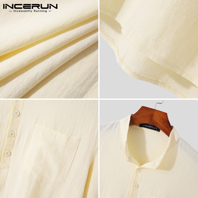 Áo sơ mi nam INCERUN tay ngắn cổ chữ V 4 màu trơn tùy chọn