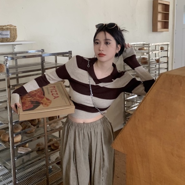 【ZHELIHANGFEI】Áo Dệt Kim Tay Dài Cổ Bẻ Họa Tiết Kẻ Sọc Thời Trang Cho Nữ