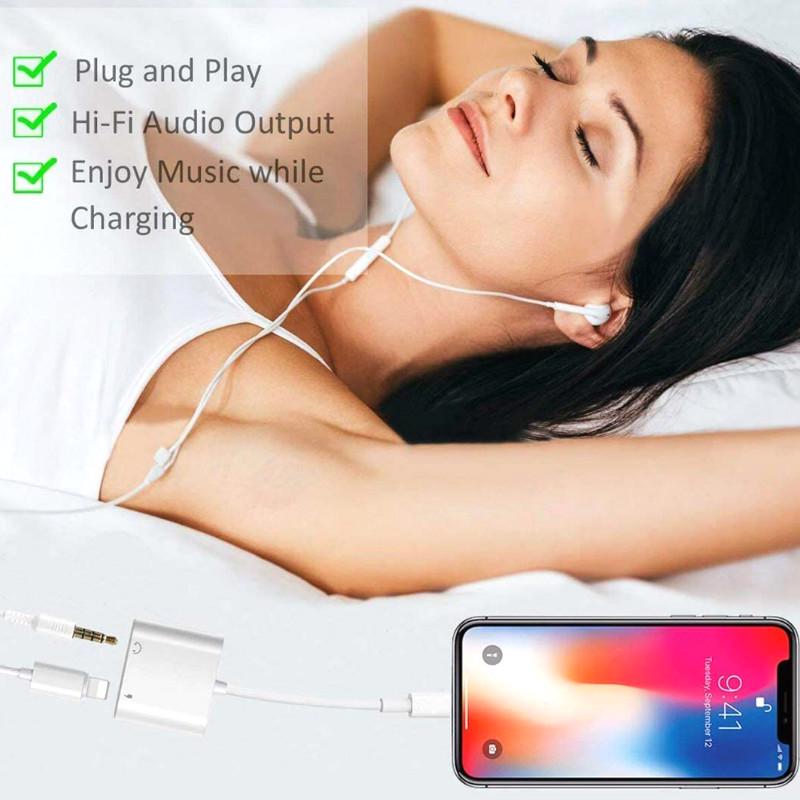 Headphone Adapter 2 In 1 Audio Adapter Charging Earphone Cable for IPhone 12 11 Pro Max Aux Jack Headset for Lightning To 3.5 Mm Headphone Splitter