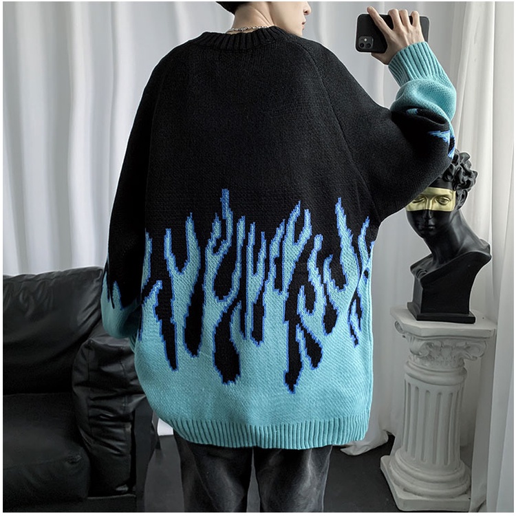 Áo sweater len nam form rộng ngọn lửa xanh đen, áo sweater nam unisex màu đen đi học đi chơi thời trang ulzzang hàn quốc