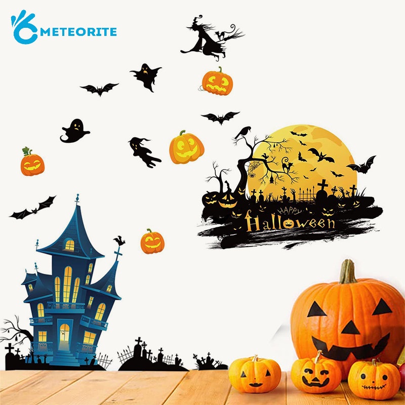 Miếng Dán Tường / Kính Cửa Sổ / Cửa Kính Họa Tiết Lâu Đài Phù Thủy / Bí Ngô Halloween Độc Đáo Trang Trí Nhà Cửa
