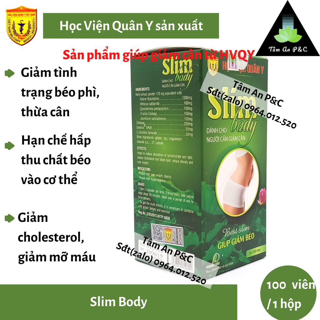 ( Giảm cân an toàn ) Viên uống giảm cân Slim Body sản xuẩt bởi Học viện Quân Y hộp 100 viên | BigBuy360 - bigbuy360.vn