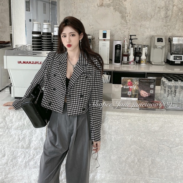 JANE Áo khoác vest croptop kẻ ô Trắng - Đen cá tính J0415 | BigBuy360 - bigbuy360.vn