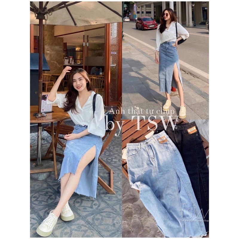 [Ảnh thật/Sẵn/Video]Chân váy denim skirts xẻ vạt logo nâu chuẩn hàng Quảng Châu