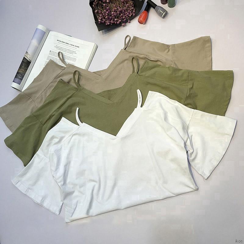 Áo thun tay ngắn cổ tim dáng rộng màu trơn cho nữ