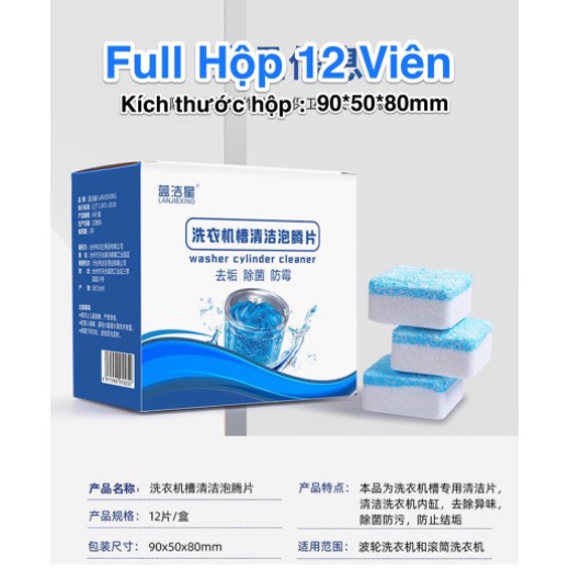 MỚI-Hộp 12 Viên Tẩy Vệ Sinh Lồng Máy Giặt, Sủi sạch vi khuẩn, Tẩy Sạch Cặn Bẩn Lồng Giặt