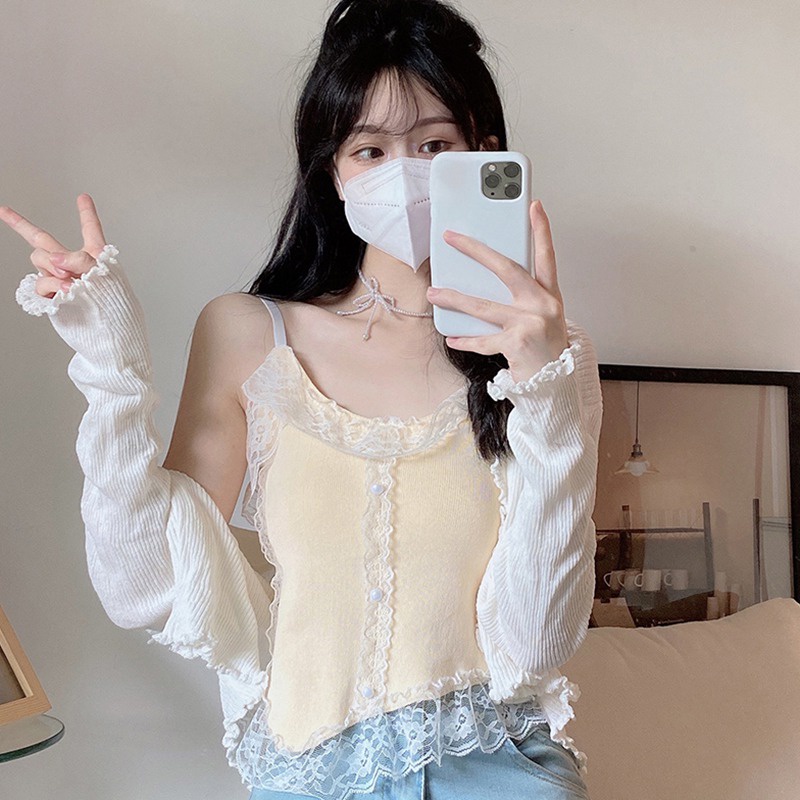 Áo Hai Dây Dệt Kim Ôm Dáng Phối Ren Thời Trang Cho Nữ