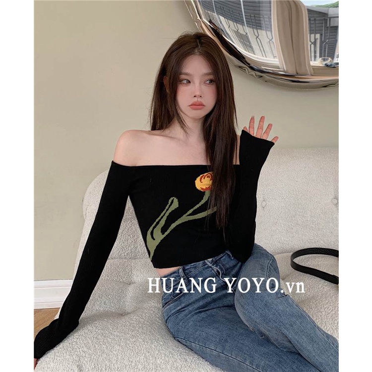 Áo Croptop Dệt Kim Trễ Vai Tay Dài Màu Trơn Thời Trang Hàn Quốc Cho Nữ