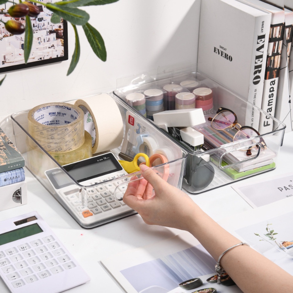 Khay nhựa đựng đồ đa năng trong suốt có tay cầm không nắp tiện lợi hộp đựng tủ lạnh nhà bếp mỹ phẩm nhà tắm