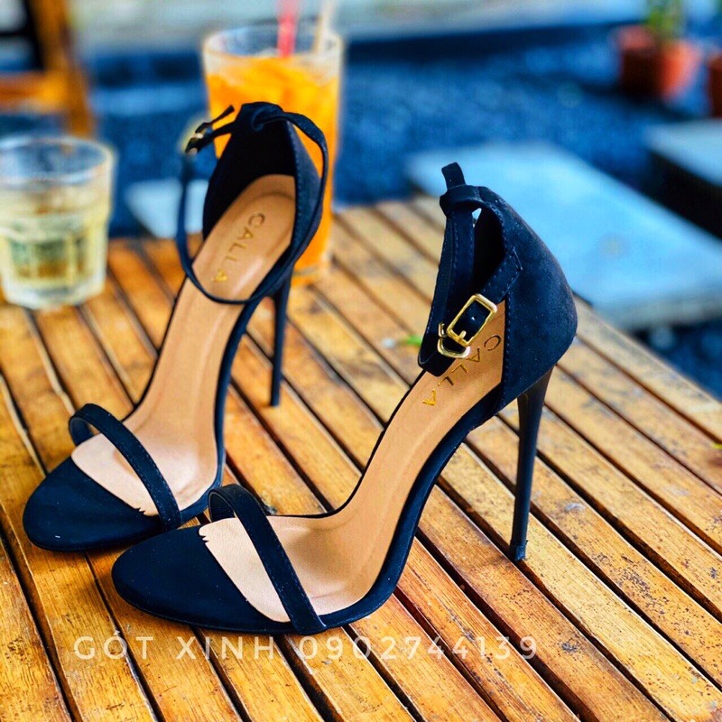 Giày sandal dây mảnh đen da lộn cao 7- 9-12p