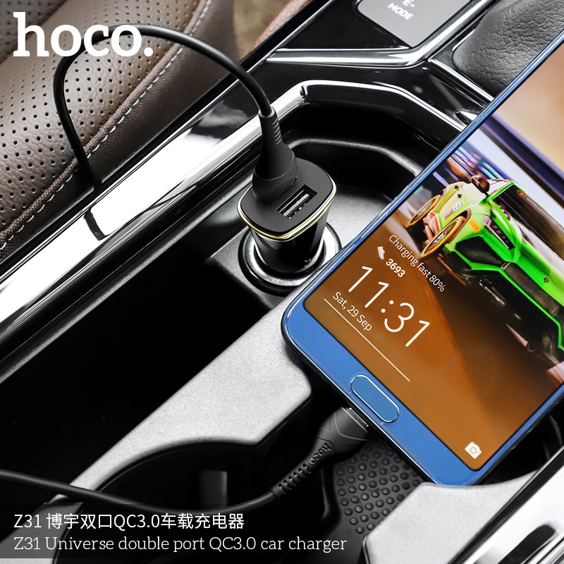 HOCO Z31 Tẩu Sạc Nhanh Điện Thoại Ô Tô Cao Cấp 2 Cổng USB Hỗ Trợ Quick Charge 3.0