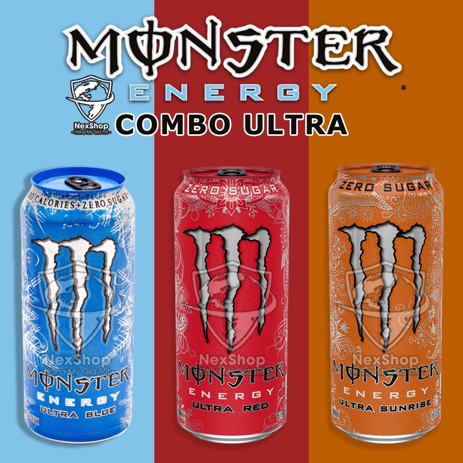 COMBO Set 3 Lon Monster Blue/ Red/ Black Ultra Không Đường 473ml Mỹ