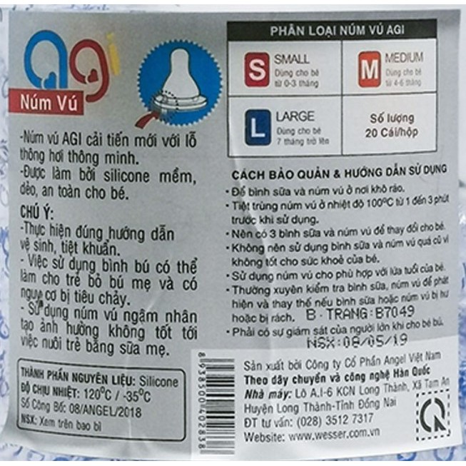 (Made in Vietnam) 1 - 2 núm ti cổ hẹp thiết kế van chống sặc chống đầy hơi Size M, Size L - AGI (Công nghệ Hàn Quốc)