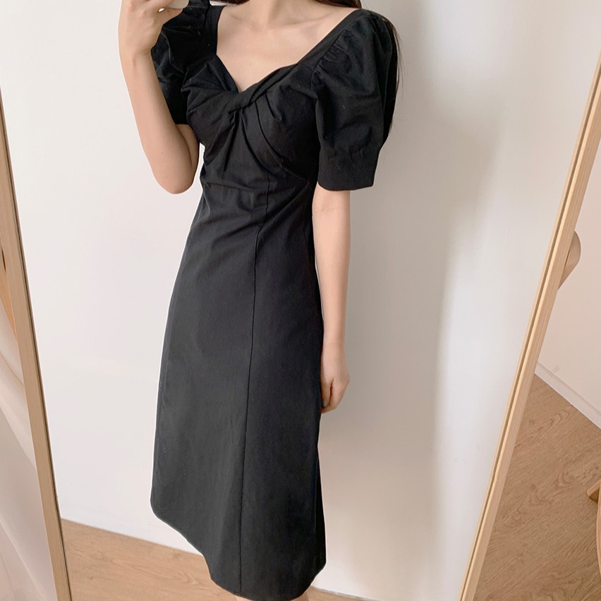 Đầm Midi Tay Ngắn Cổ Rộng Màu Trơn Đơn Giản 34395