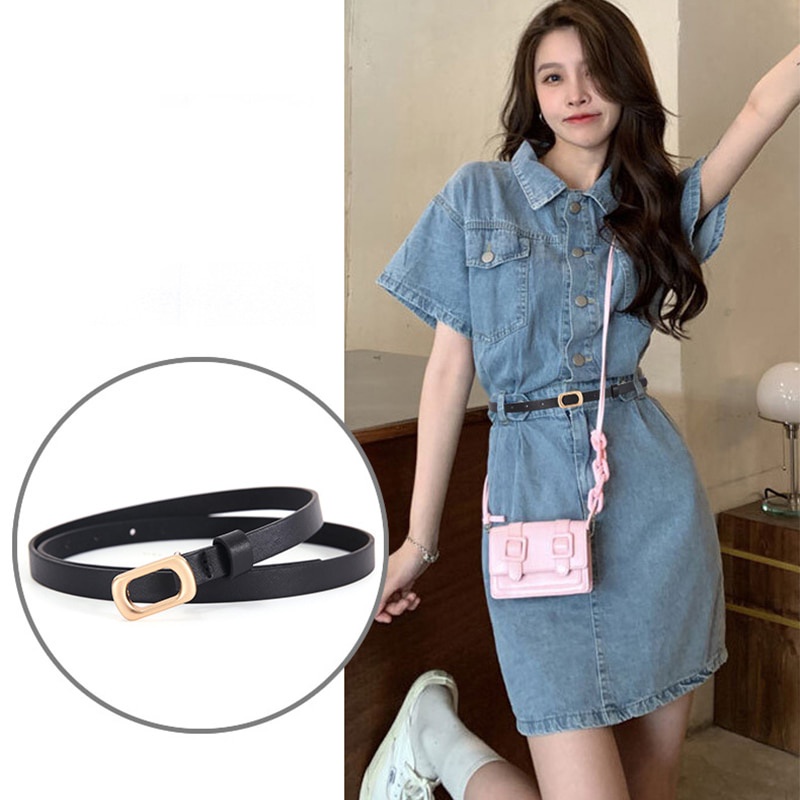 Thắt Lưng Da PU Bản Nhỏ Khóa Vuông Màu Vàng Thời Trang Cho Nữ