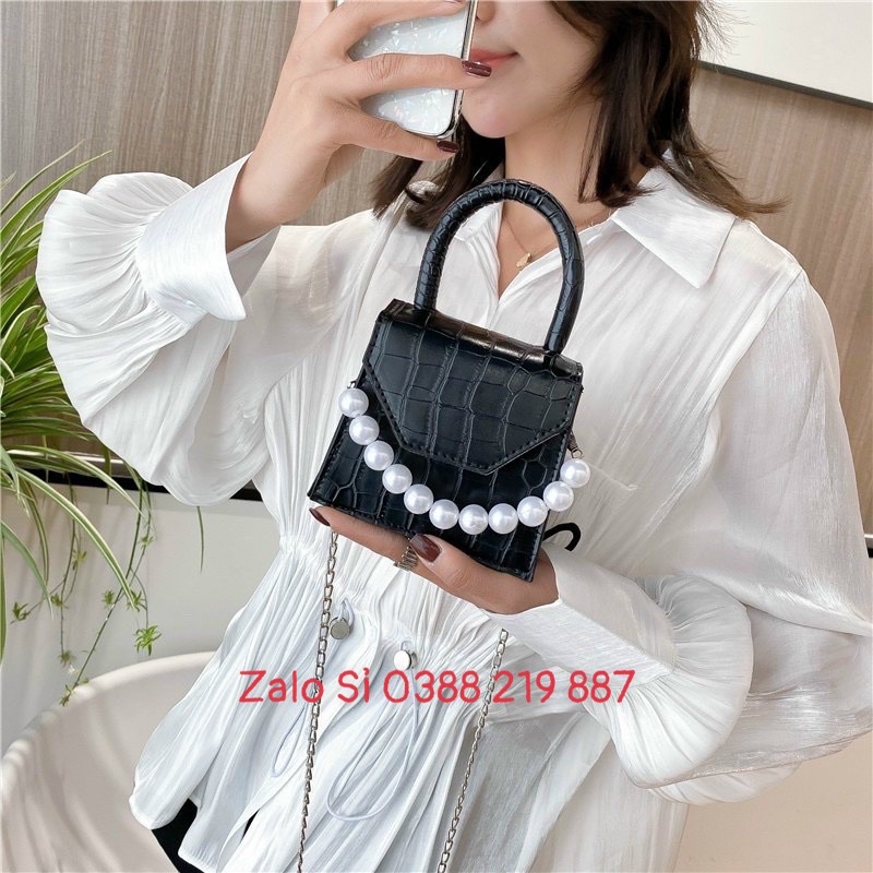 Túi Đeo Chéo Mini Nữ Đẹp Da Rắn Phối Ngọc Có Quai Xách