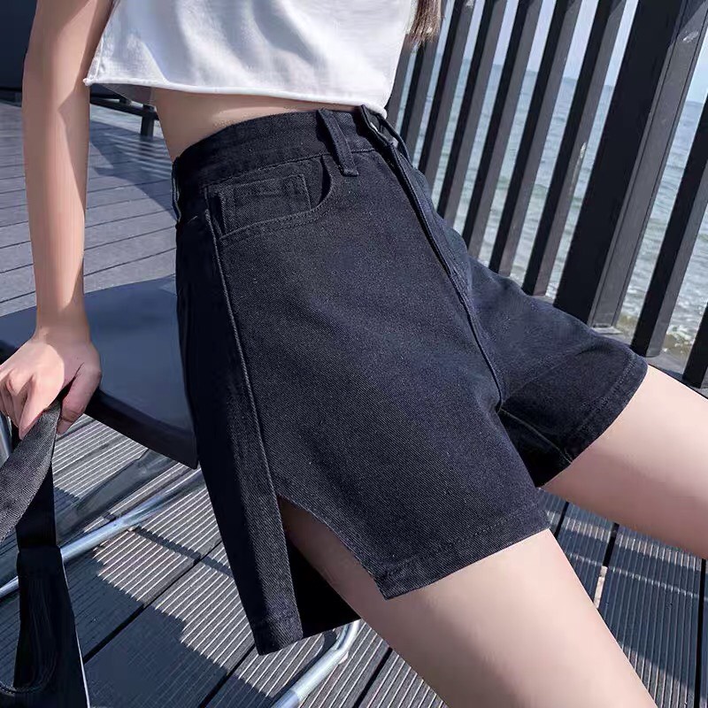 Quần Short Bò Nữ Thiết Kế Lưng Cao Một Cúc Xẻ Đùi TDSHOPNT Quần Sooc Jeans Denim Thoáng Mát Cá Tính