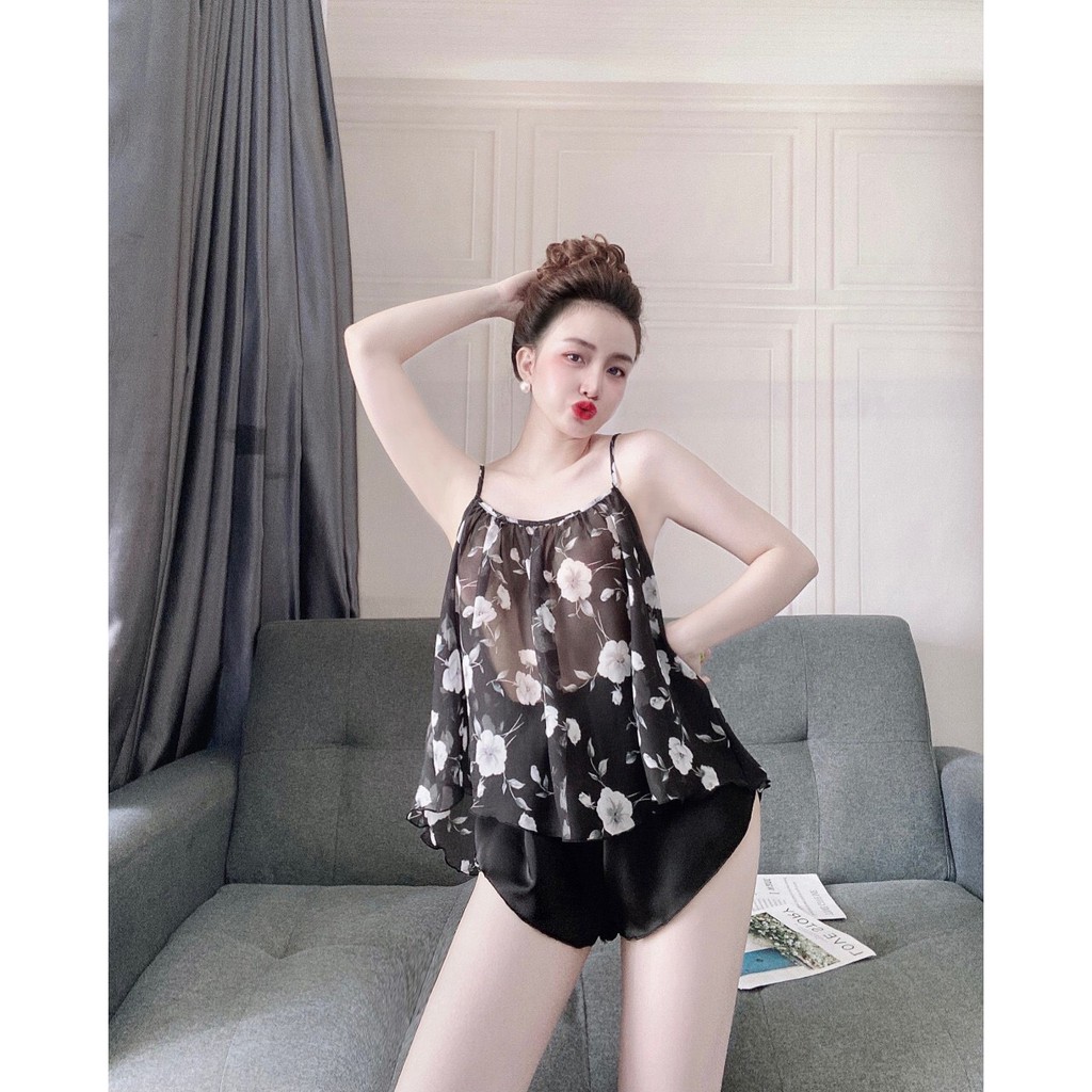 Set đùi 2 dây lụa chiffon phối quần satin mỏng manh siêu quyến rũ form 40-56kg | BigBuy360 - bigbuy360.vn