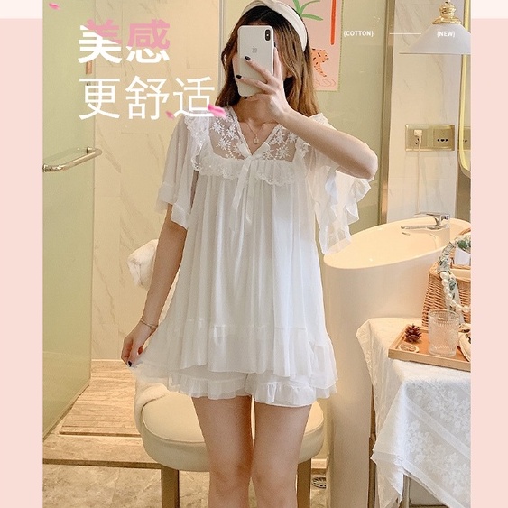 Đầm ngủ voan trắng ren quảng châu tiểu thư