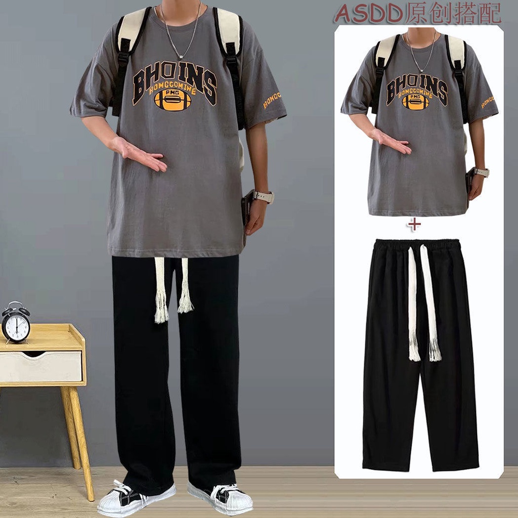Set Áo Thun Ngắn Tay Form Rộng + Quần Dài Thời Trang Hàn Quốc Cho Nam