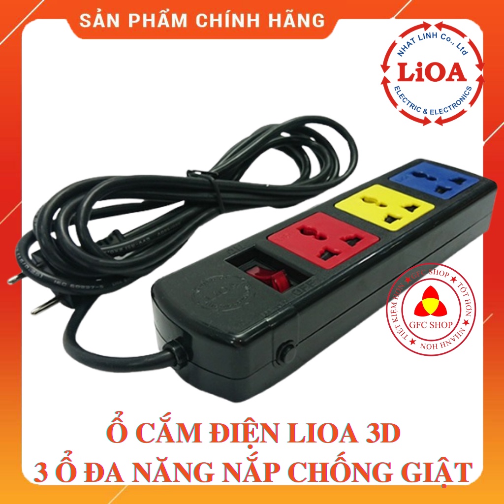 Ổ cắm Lioa 3 ổ đa năng có công tắc 3m hoặc 5m công suất 2200W (3D hoặc 3DND) Màu đen - Thế hệ mới