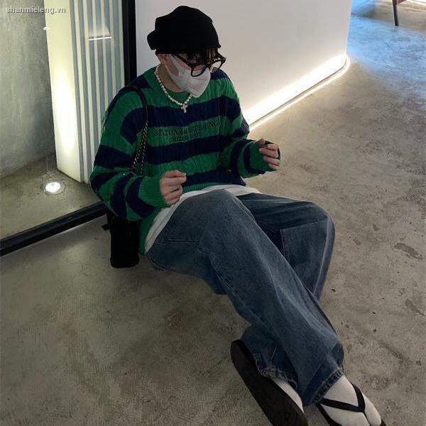 Áo len nữ dài tay cổ tròn sọc ngang thời trang Hàn Quốc