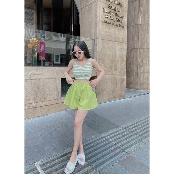 Sét bộ áo 3 lỗ sọc croptop phối quần đùi xòe cực hot , chất thun gân dày dặn