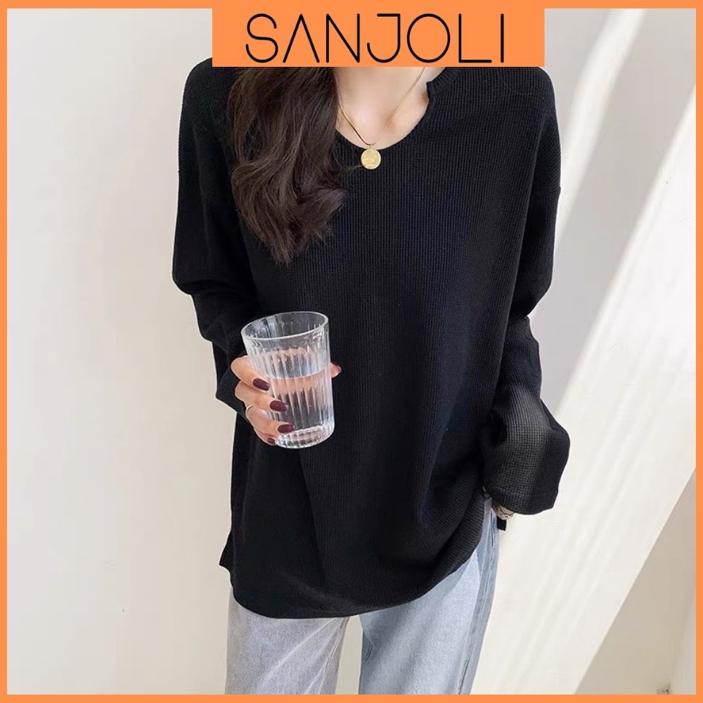 Áo Sweater Tay Dài SANJOLI Áo Len Nữ Dài Tay Cổ Tròn Form Rộng Chất Dày Dặn Cao Cấp Phong Cách Ulzzang Hàn Quốc AO006