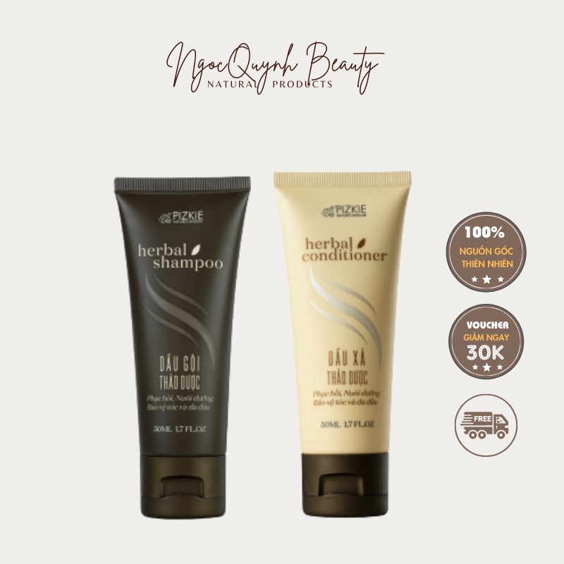Combo dầu gội xả thảo dược bồ kết 50ml Pizkie sạch gàu chống ngăn rụng tóc suôn mượt tự nhiên