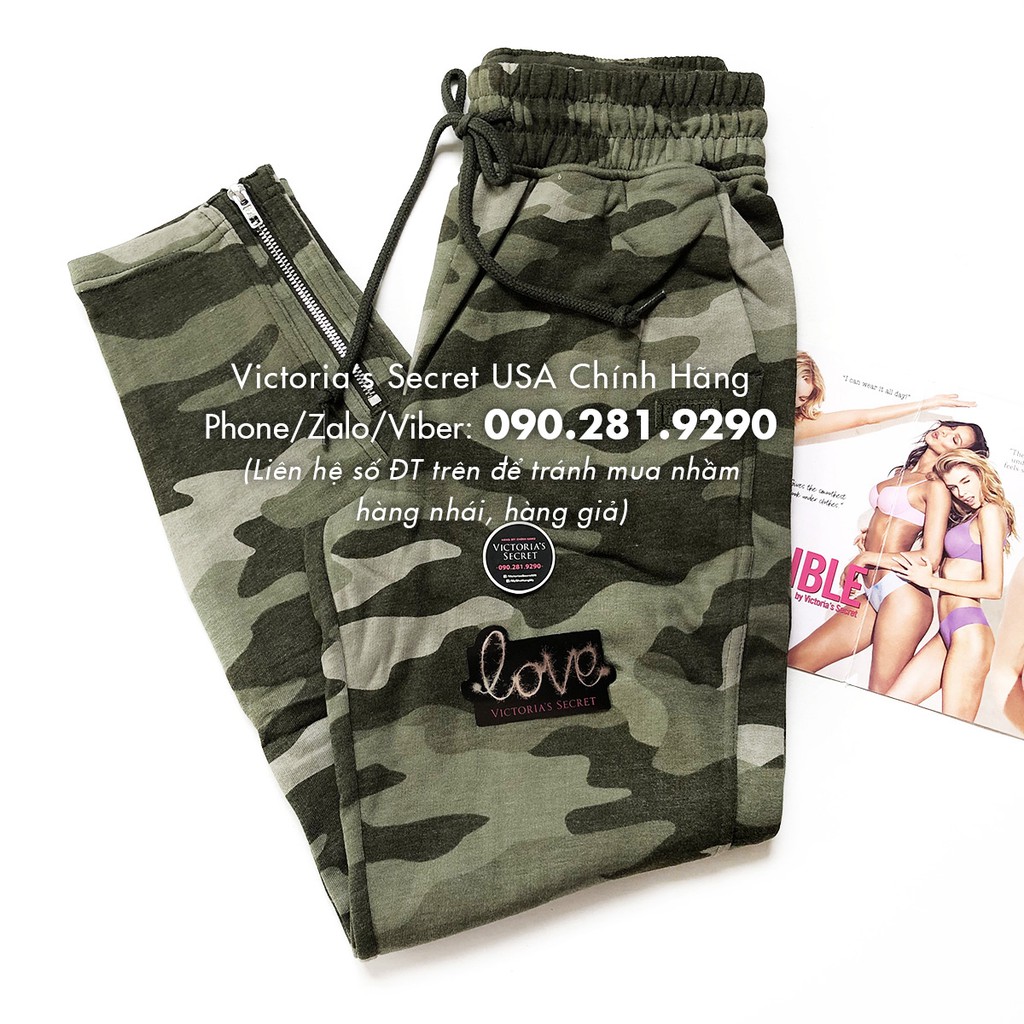 (Size S 62) Quần Jogger xanh lính, form ôm rộng thoải mái, có túi, Terry Track Pant, Camo - Pink, Victoria's Secret