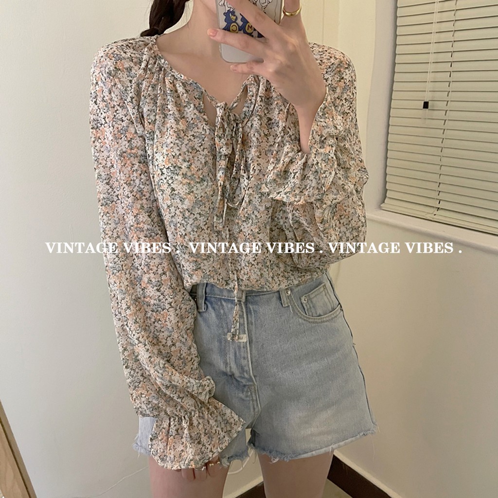 Áo babydoll hoa nhí vintage tay bèo tiểu thư Ulzzang - Hàng QC