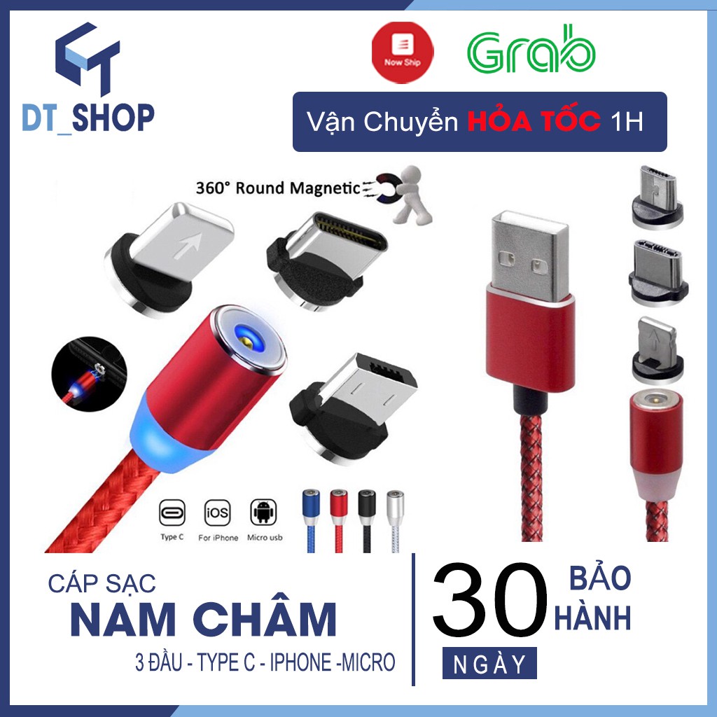 Cáp sạc nam châm 3 đầu DTSHOP dây sac lightning iphone sam sung tyce c 360 độ chất liệu dây dù có đèn led cao cấp