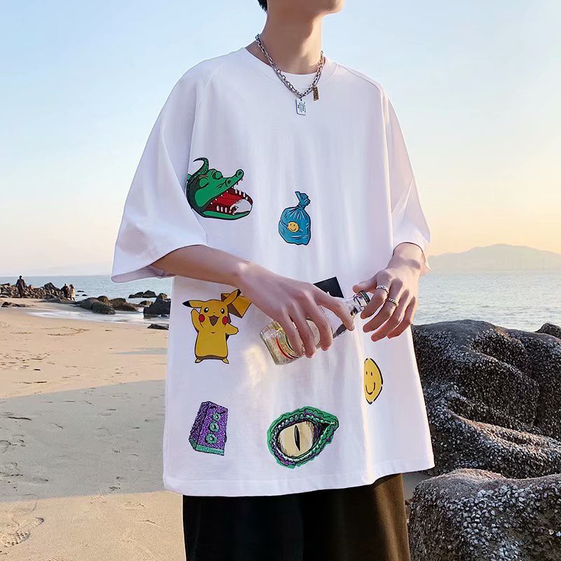 Áo thun tay ngắn cổ tròn dáng rộng in hoạt hình phong cách hàn quốc cá tính cho nam size s-8xl