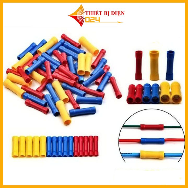 [100 cái] Đầu cos dây điện nối thẳng bọc nhựa BV 5, đầu cốt bấm dây 4mm 6mm, cosse (cót) đồng