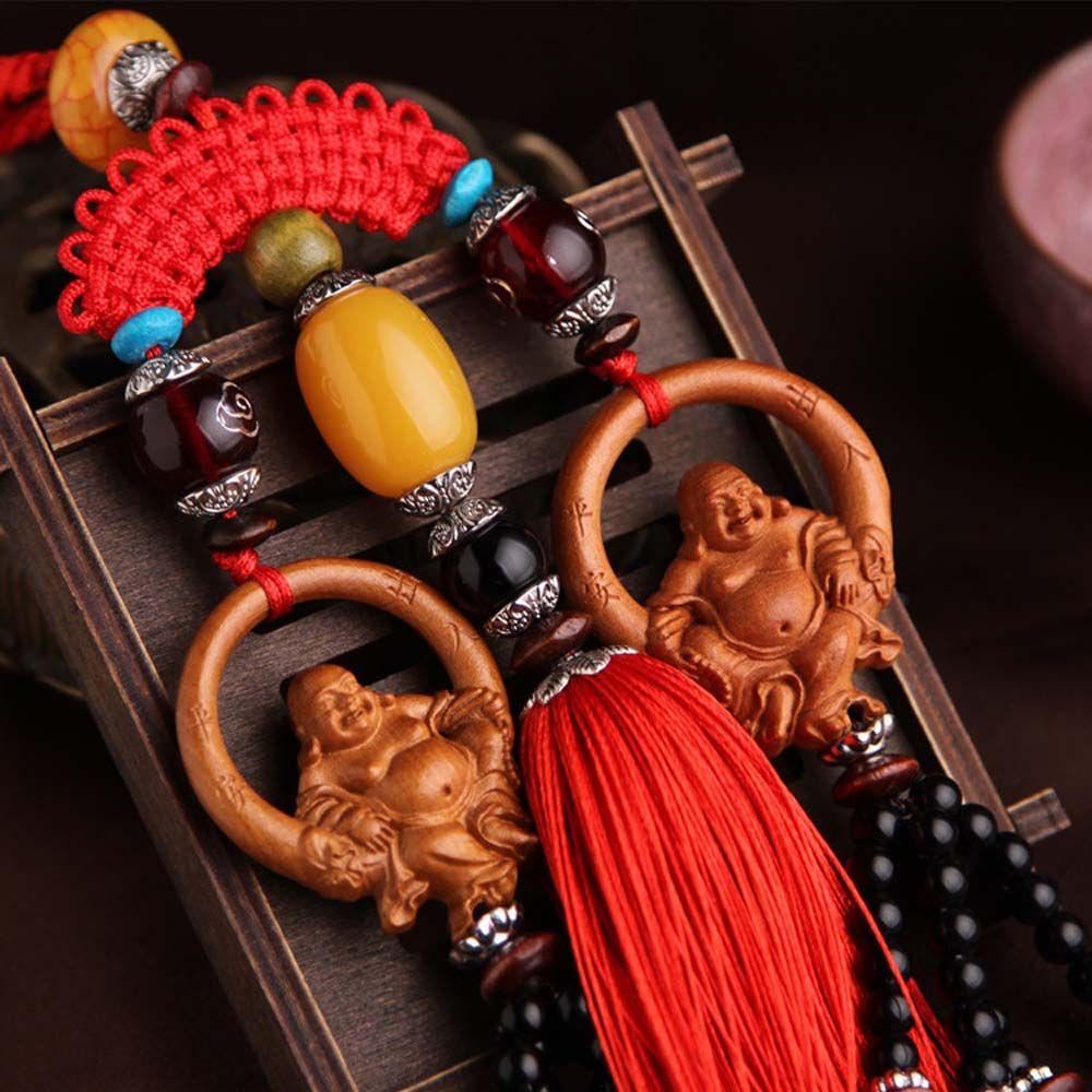 Dây Treo Trang Trí Xe Hơi / Gương Chiếu Hậu Bằng Gỗ Đào Khắc Chữ Happy Buddha