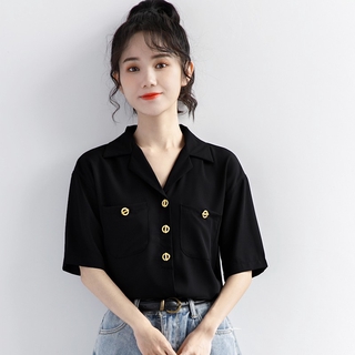 ◎❁Mùa hè năm 2021 phong cách mới cổ điển Hồng Kông áo sơ mi đen nữ thiết kế cảm giác thích hợp ngắn tay polo ve