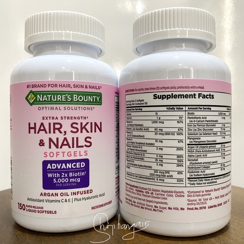 Viên mọc tóc, giảm rụng, chắc khoẻ móng Nature’s Bounty biotin hair skin nails 150v mẫu mới