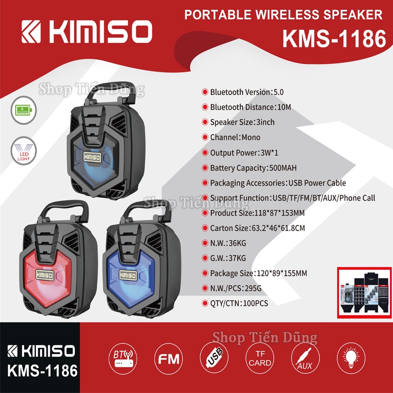 Loa Bluetotoh Kimiso KMS 1181 / 1182 / 1183/1184 /1185 /1186 Hỗ Trợ USB, Thẻ Nhớ TF, Đài FM, Cổng AUX Thế Kết Nhỏ Gọn