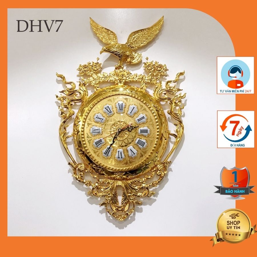 Đồng hồ treo tường mạ vàng 24k họa tiết tinh tế tân cổ điển sang trọng DHV7. Ảnh chụp thực tế.