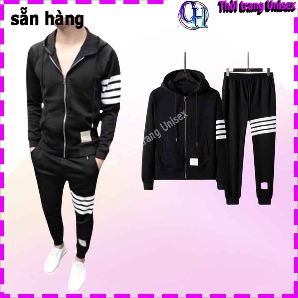 Bộ thể thao nam nữ thu đông Bộ nỉ nam nữ Quần áo thu đông nam nữ màu đen 4 sọc dài tay có nón cao cấp hàn quốc