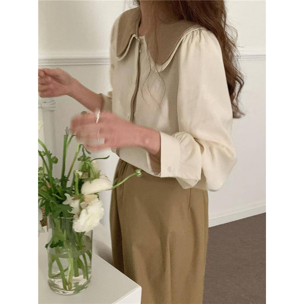 Bộ Áo Sơ Mi Tay Dài + Chân Váy Lưng Cao Co Giãn Màu Sắc Tương Phản 61329